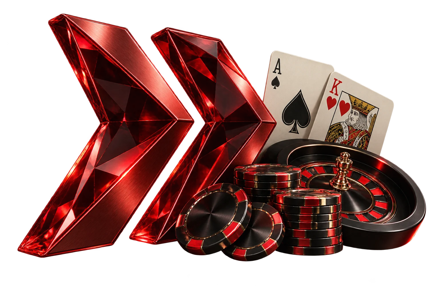 Ruby-red DANTE chevrons, casino chips, cards and roulette