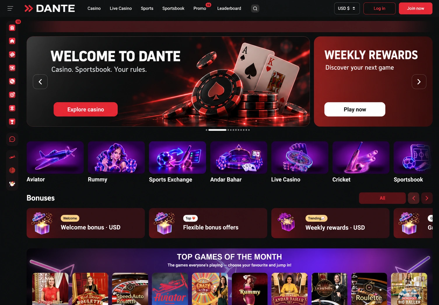 DANTE casino platform in US dollars